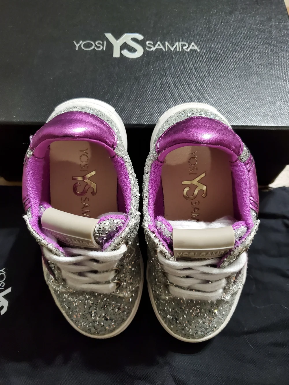 Yosi Samra Kids Silver Glitter Sneakers with Metallic Purple Star